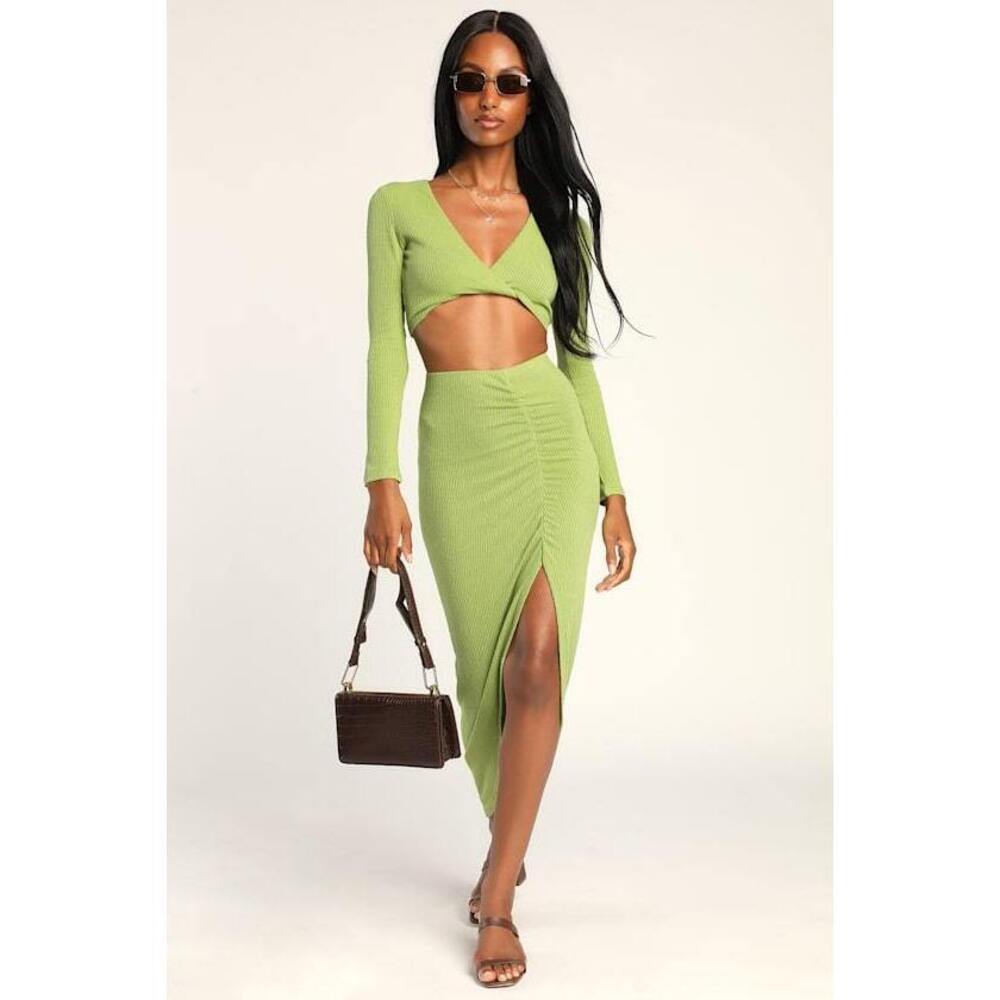 Lulus Setting The Standard Green Knit Two-piece Twist-front Midi Dress - Size XL